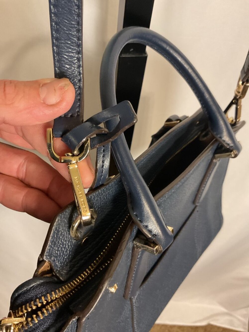Michael Kors Navy Studded Leather Satchel Crossbody Gold Hardware - Picture 7 of 8